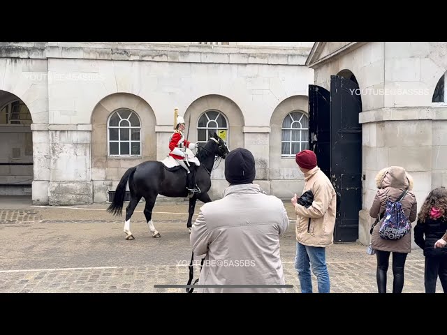 HORSE FREAKS OUT, NICELY CONTROLLED BY THE KINGS GUARD