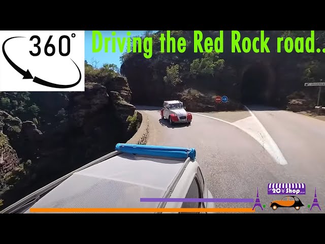 360 Video. 2cv driving the red rock road,  TOP LEFT CLICK on arrow to change direction.