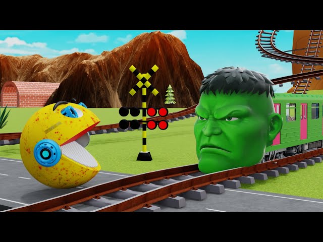 【踏切アニメ】あぶない電車 Ms PACMAN Vs 5 Train Crossing 🚦 Fumikiri 3D Railroad Crossing Animation