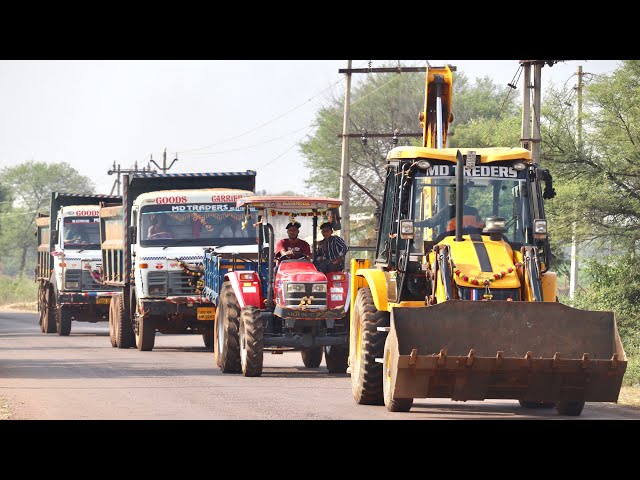 JCB 3dx Backhoe Machine Loading Red Mud in Mahindra Tractor and Tata 2518 Truck