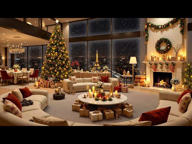 Winter Night Tranquility with Christmas 2025 🎄 Warm Soft Jazz Music and Snowfall & Fireplace