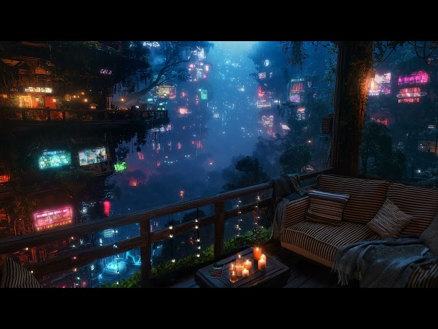 🎵 Rainy Night Serenade: Lush Cyberpunk City Balcony  | Rain and Ambient Music | 4K | 10 hours