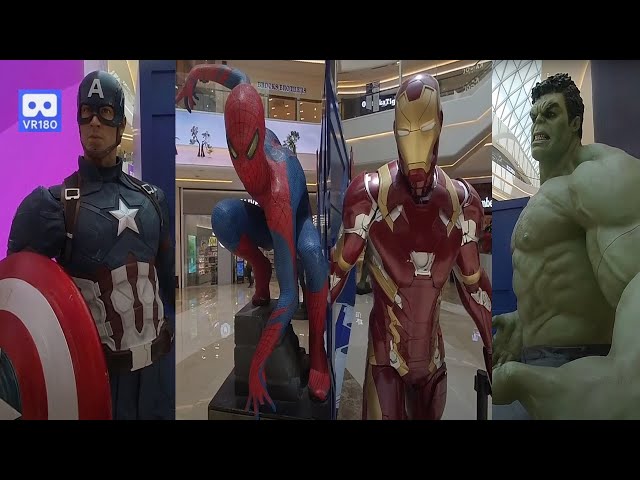 3D 180VR 4K Giant Hulk, Ironman, Spiderman and Captain America at Avengers Marvel Toy Shop