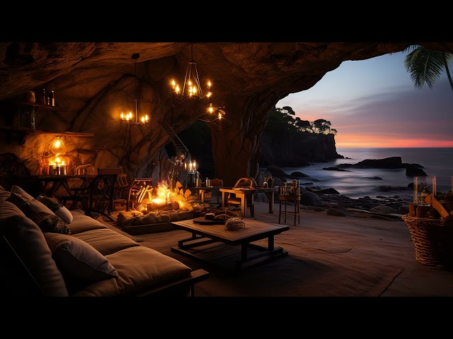 Cozy Fire in Cave on Seaside Ambience  with Ocean Waves Sound for Relaxing, Sleep and Meditation