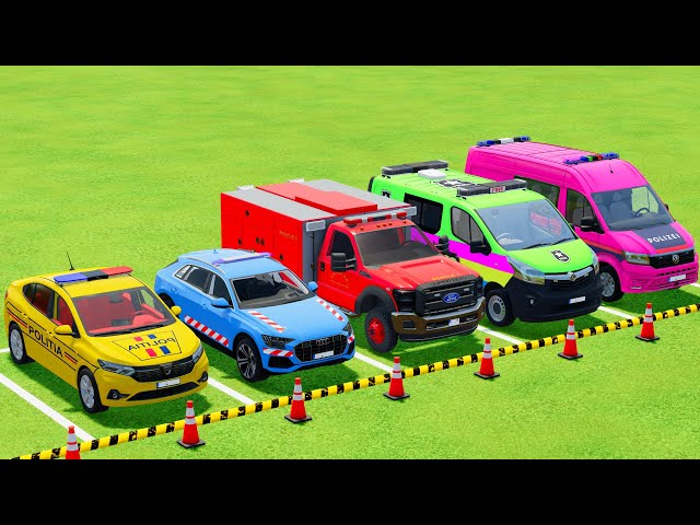 TRANSPORTING POLICE CARS, FIRE DEPARTMENT, AMBULANCE WITH TRUCKS ! Farming Simulator 22