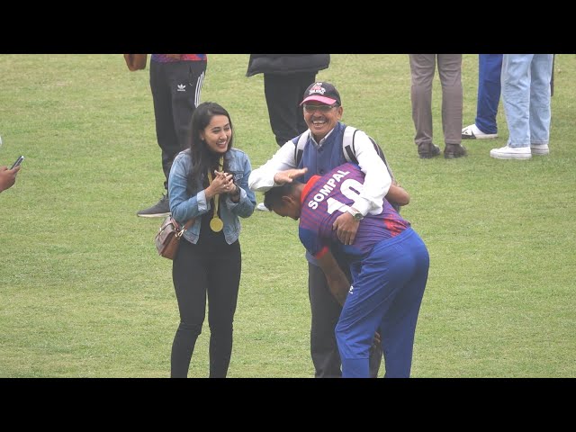 Respect moments Sompal Kami alongside his wife Pratibha touching the feet of the father of Karan KC