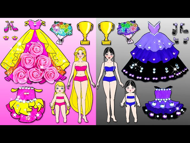 Paper Doll Dress Up - Pink VS Purple Mother & Daughter Dresses - Barbie Family Contest Handmade