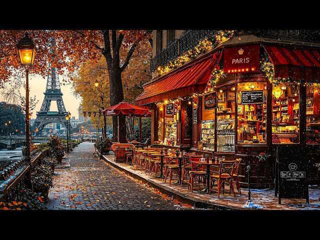 Paris Winter Jazz Music ❄️ Cozy Balcony Coffee Shop Ambience with Smooth Jazz and Falling Snow