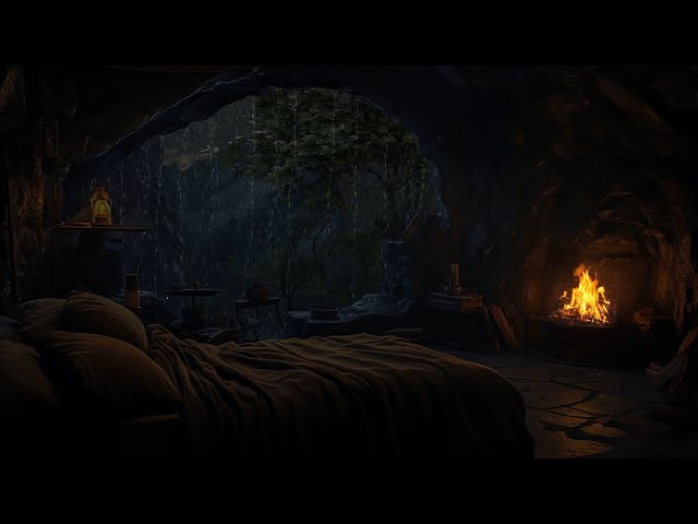 Drift into Deep Sleep in a Cozy Cave| Relaxing Rain, Crackling Fire Sounds for Pure Stress Relief🌧️🔥