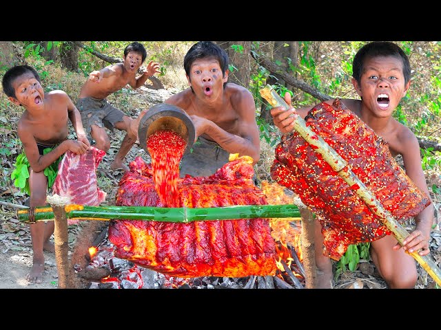 Primitive Technology - Cook Pork Rib Recipes Eating Show