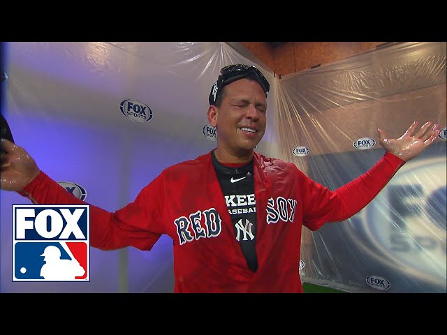 David Ortiz gives Alex Rodriguez a champagne shower while wearing a Red Sox jersey | FOX MLB