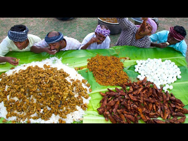 VILLAGE MARRIAGE FOOD | Mutton Curry | Fish Fry | Boiled Egg Raththa Poriyal | Village Function Food