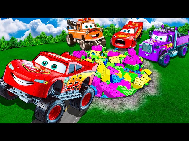 LEGO Pit Transform In Lego Car Lightning McQueen & Big & Small Pixar Cars! Beam.NG Drive!