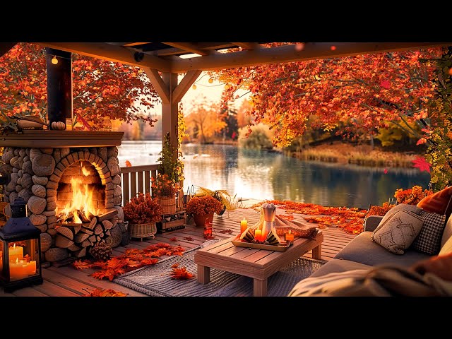 Autumn Morning on Lakeside Porch 🍂 Soft Crackle of Fireplace & Tranquil Water Sounds for Relaxation