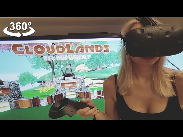 Playing VIVE HTC Virtual reality headset, Minigolf, VR 360 camera