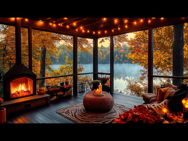 Autumn Porch Ambience 🍂 Cozy Morning With Smooth Jazz Music & Crackling Fireplace For Work, Unwind