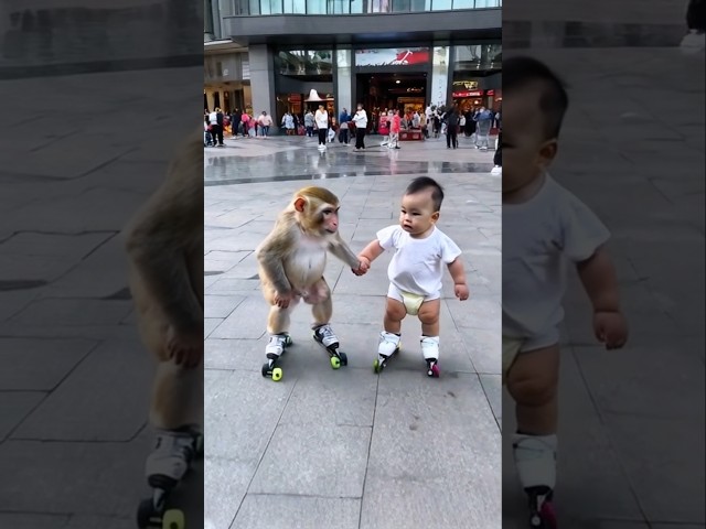 The little monkey is having so much fun playing with baby 🍼 #baby #monkey #shorts