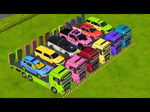 TRANSPORTING DACIA, VOLKSWAGEN POLICE CARS, LAMBORGHINI, FIRE TRUCK! - FS22, FARMING SIMULATOR 22