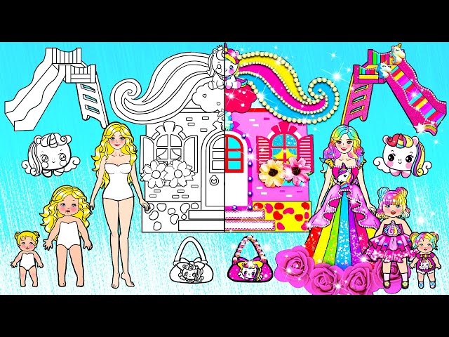 Paper Dolls Dress Up - Barbie Mother and Daughter Unicorn Rainbow New House DIY | WOA Doll Channel