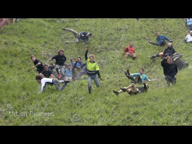 Thrills and spills during Cheese Rolling contest 2024 in the UK