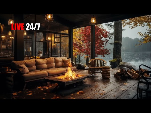 Autumn Cozy Lake House Porch in Rainy Morning with Bonfire and Fall Ambience For Sleep