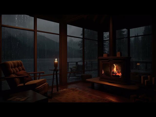 Cozy Cabin with Rain on window by the Lake with Gentle Rain Sounds and Fireplace to Sleep well