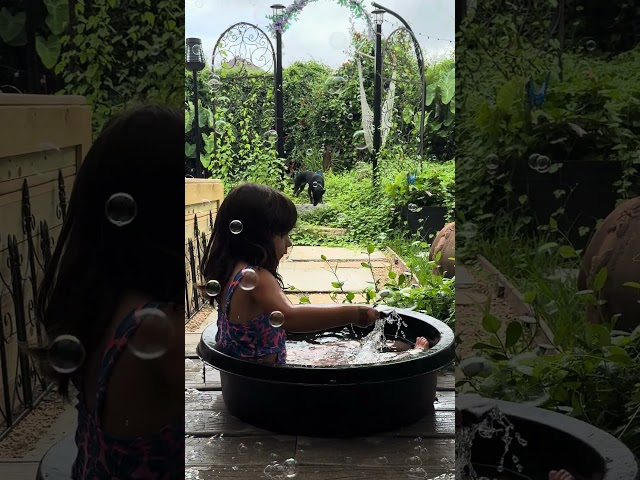 Adorable toddler backyard bubbles & dip in the tub