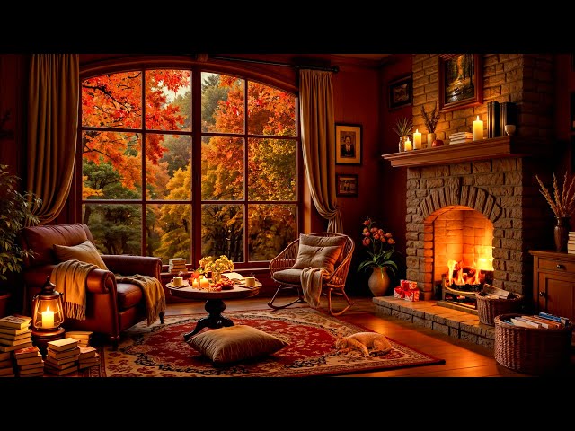 Reading Nook Ambience with Jazz Relaxing Music and Crackling Fireplace for Stress Relief