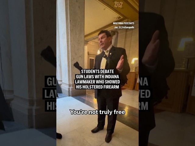 Students debate gun laws with Indiana lawmaker who showed his holstered firearm