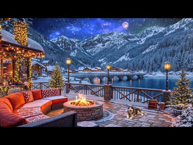 Winter Lakeside Coffee Shop Ambience ❄️ Smooth Jazz Music with Snowy Mountain Views for Relaxing