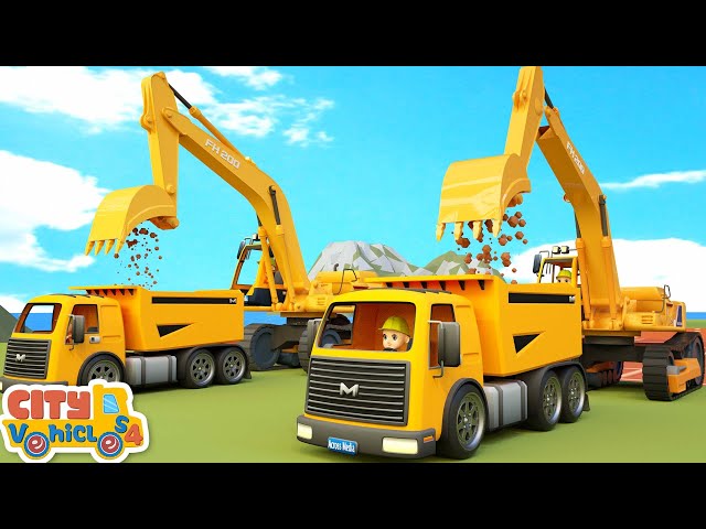 Construction vehicles rebuild new bridge -Excavator,Bulldozer, crane truck and loader for kids