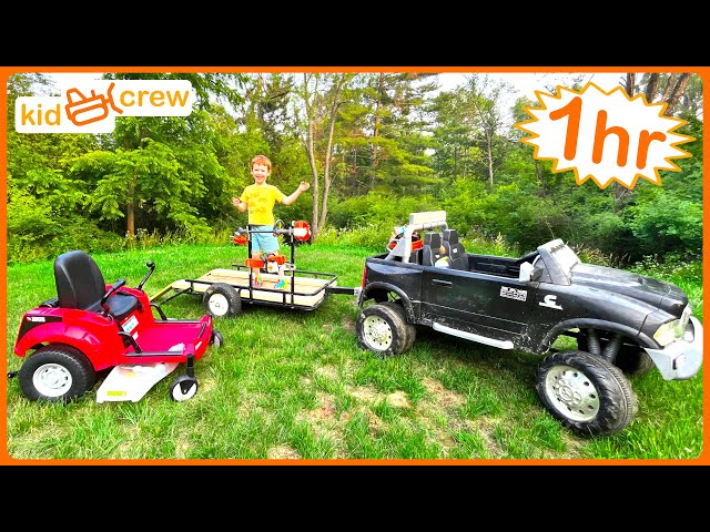 Landscaping compilation with kids ride on zero turn mower, tractor, truck and chainsaw | Educational