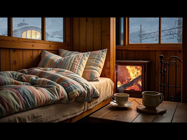 Snowstorm night, in a warm cabin near the station, with the fire and snow