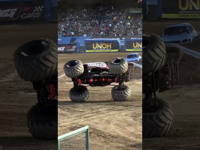 Monster truck performs breakdancing stunt