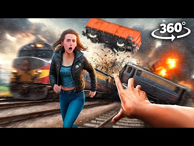 360 video CAR IS STUCK ON TRAIN TRACKS. TRAIN ACCIDENT & DERAILMENT Virtual Reality 4K