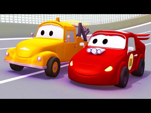 Tom la Grúa y el Coche de Carreras en Auto City | Autos y camiones dibujos animados para niños