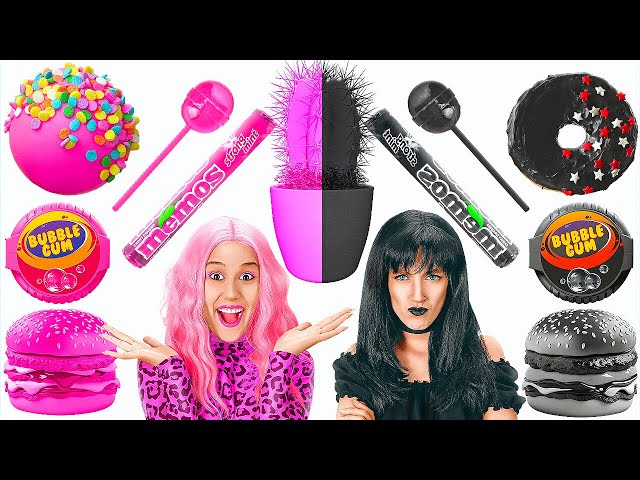 PINK VS BLACK Food Challenge - Wednesday VS Enid Eating Only 1 Color Snacks Challenge