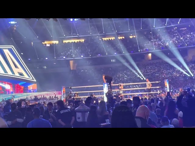 Pat McAfee swanton bombs off top rope at Wrestlemania 38