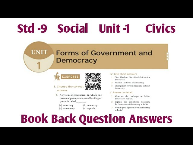 9th Std Social Civics Unit 1 Book Back | Forms of Government and Democracy