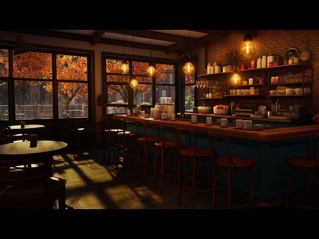 Cozy Coffee Shop Ambience on Autumn Day with Relaxing Rain Sounds Drop on Window to Relaxation