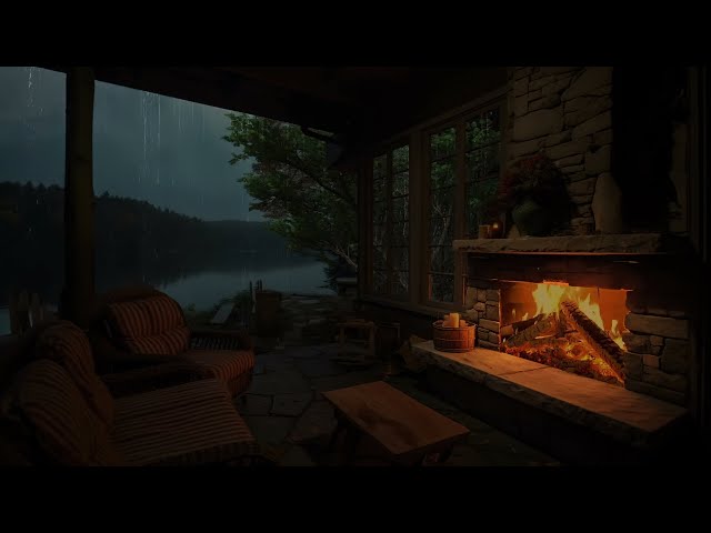 Shelter from the Rain in the Cabin - The Sound of Rain Falling with a Cozy Relaxing Fireplace