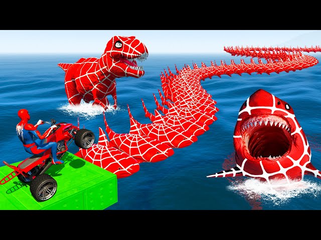 GTA V SPIDER-MAN, Superheroes by Quad Bike Ride Over the Sea on the Spider Shark Bridge by T-Rex