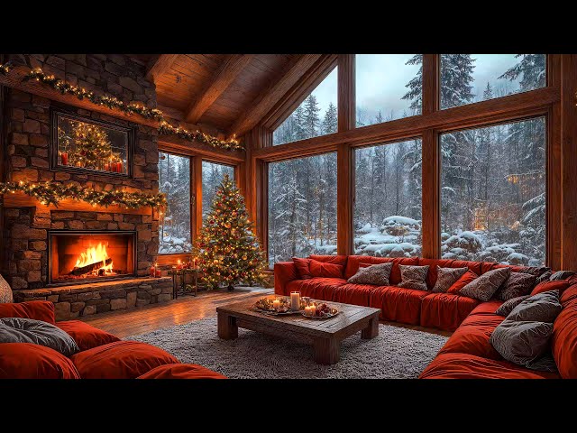 Stress Relief with Christmas Jazz Music 2025 🎄 Warm Cabin Room Christmas Ambience & Fireplace Sounds