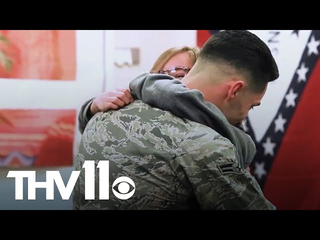 Airman returns to surprise brother & sister at school