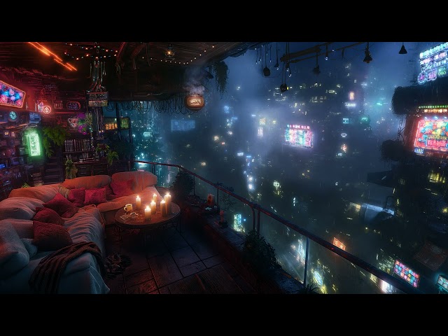 🎵 Cozy Cyberpunk Loft: Rain and Ambient Music | Cyberpunk Bedroom above the City | 4K | 10 hours