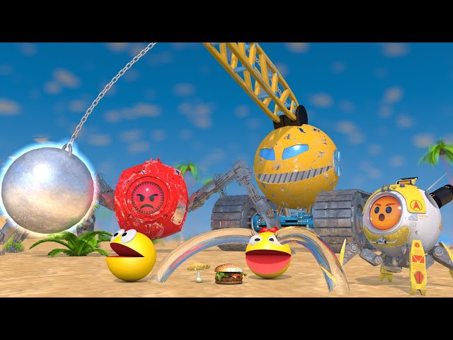 Pacman vs Wrecking Ball Crane Tractor & Spider Robot Monster