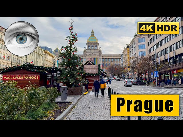 Prague Walking Tour of the first Christmas market in Wenceslas Square 🇨🇿Сzech Republic 4k HDR ASMR