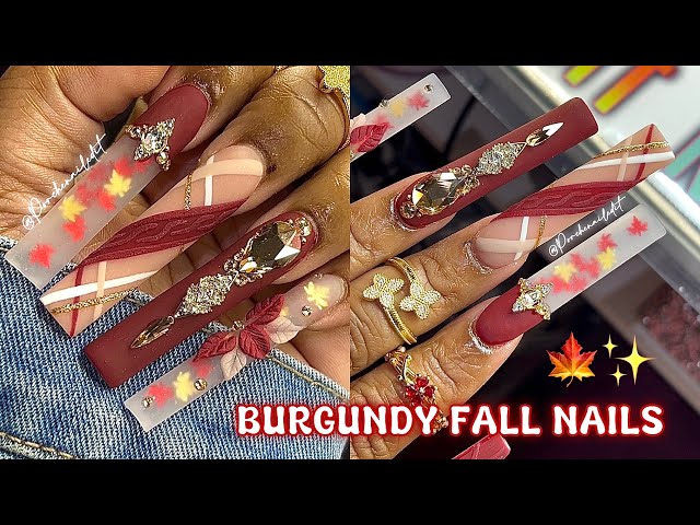 BURGUNDY FALL NAILS 🍁✨ HOW TO 3D FLOWER , SWEATER & PLAID NAIL DESIGN ✨ ACRYLIC NAIL TUTORIAL