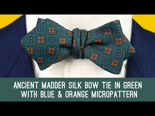 Ancient Madder Silk Bow Tie in Green with Blue and Orange Diamond Micropattern - Fort Belvedere