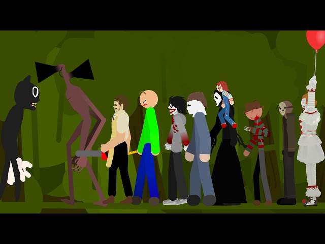 Cartoon Cat Vs Siren Head,Baldi,Jeff,Leatherface,Ghostface,Michael Myers,Pennywise,Freddy Kruger